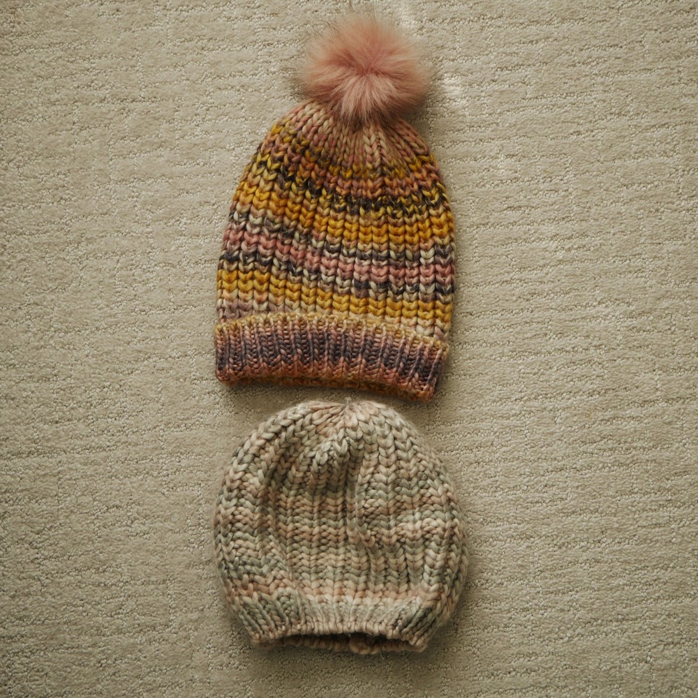 Lot of 2 Womens Chunky Knit Beanies Space Dye Pom Pom Slouchy Winter Hats Multi